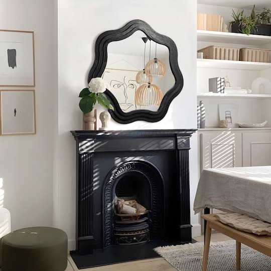 Glitzhome® 33.5" Modern Black Triple Wood Frame Wavy Wall Mirror